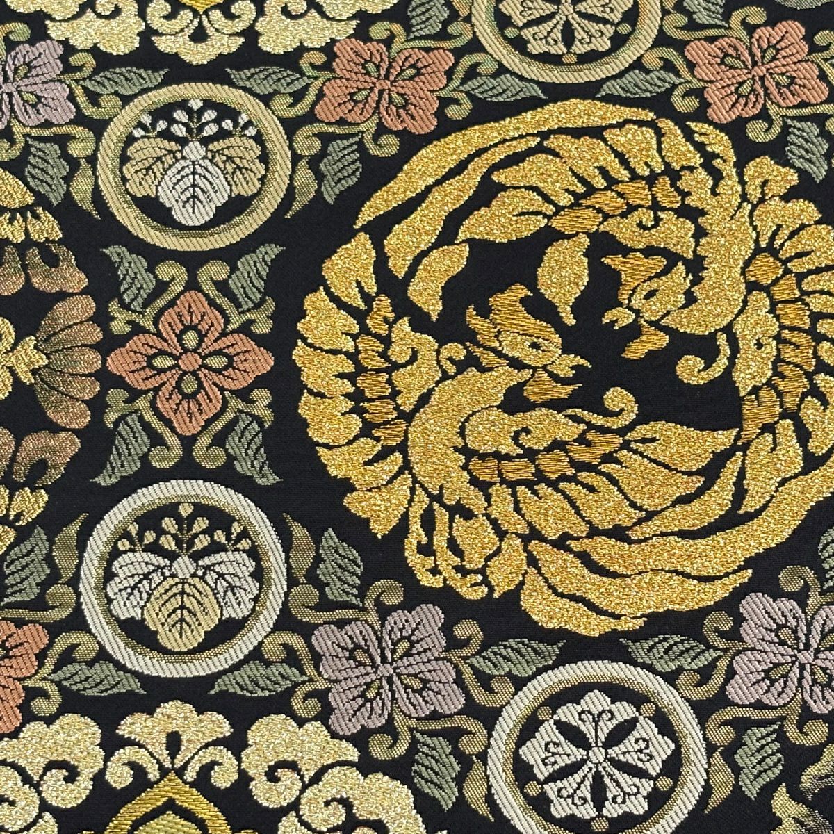 【美品】 袋帶 名品級 華紋 鳳凰 金糸 金金箔 黑 六通 純蠶絲