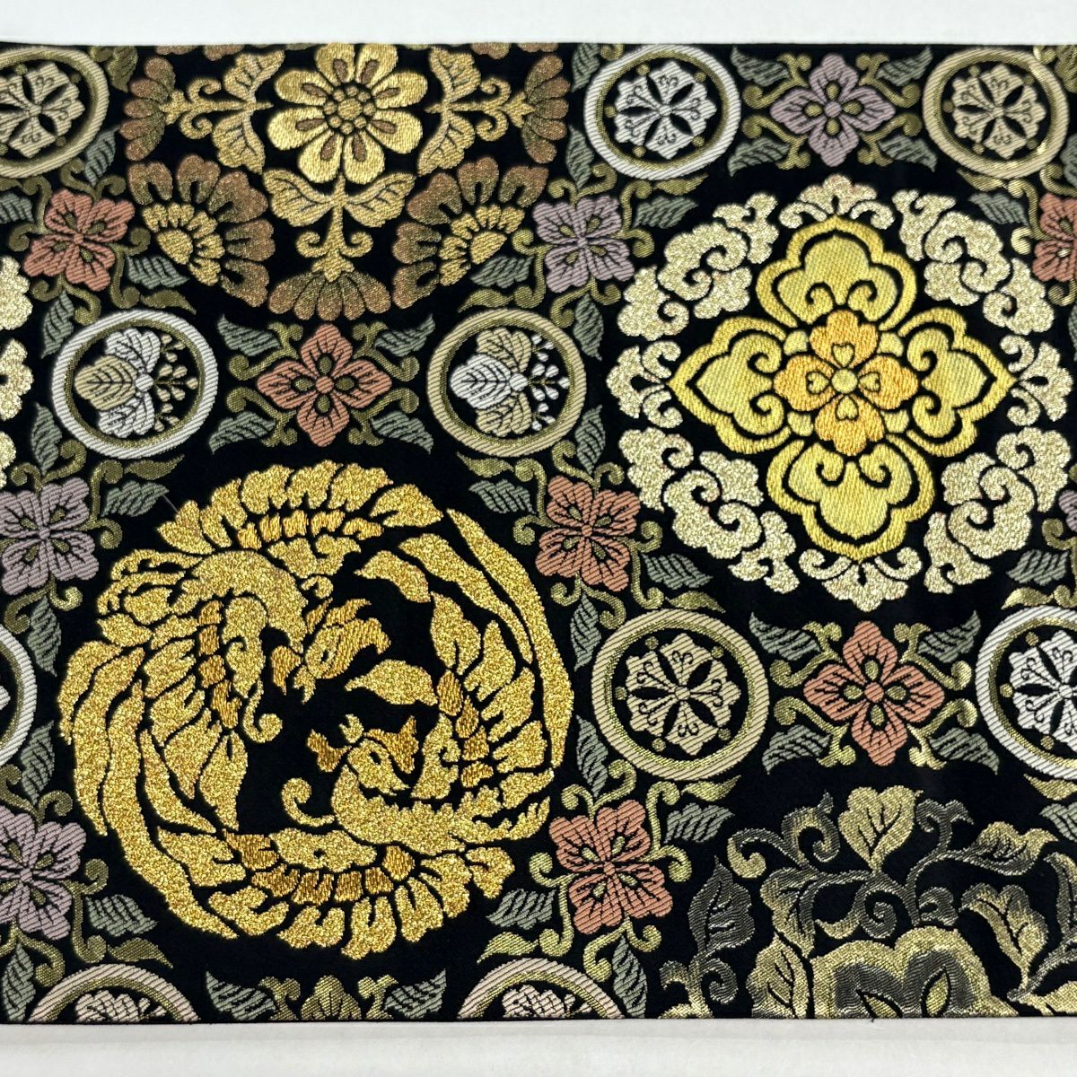 【美品】 袋帶 名品級 華紋 鳳凰 金糸 金金箔 黑 六通 純蠶絲