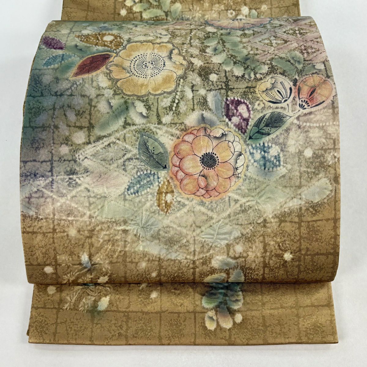 【美品】 袋帶 名品級 草花紋紋 菱形 金金箔 絞染 金色 大鼓圖案 純蠶絲