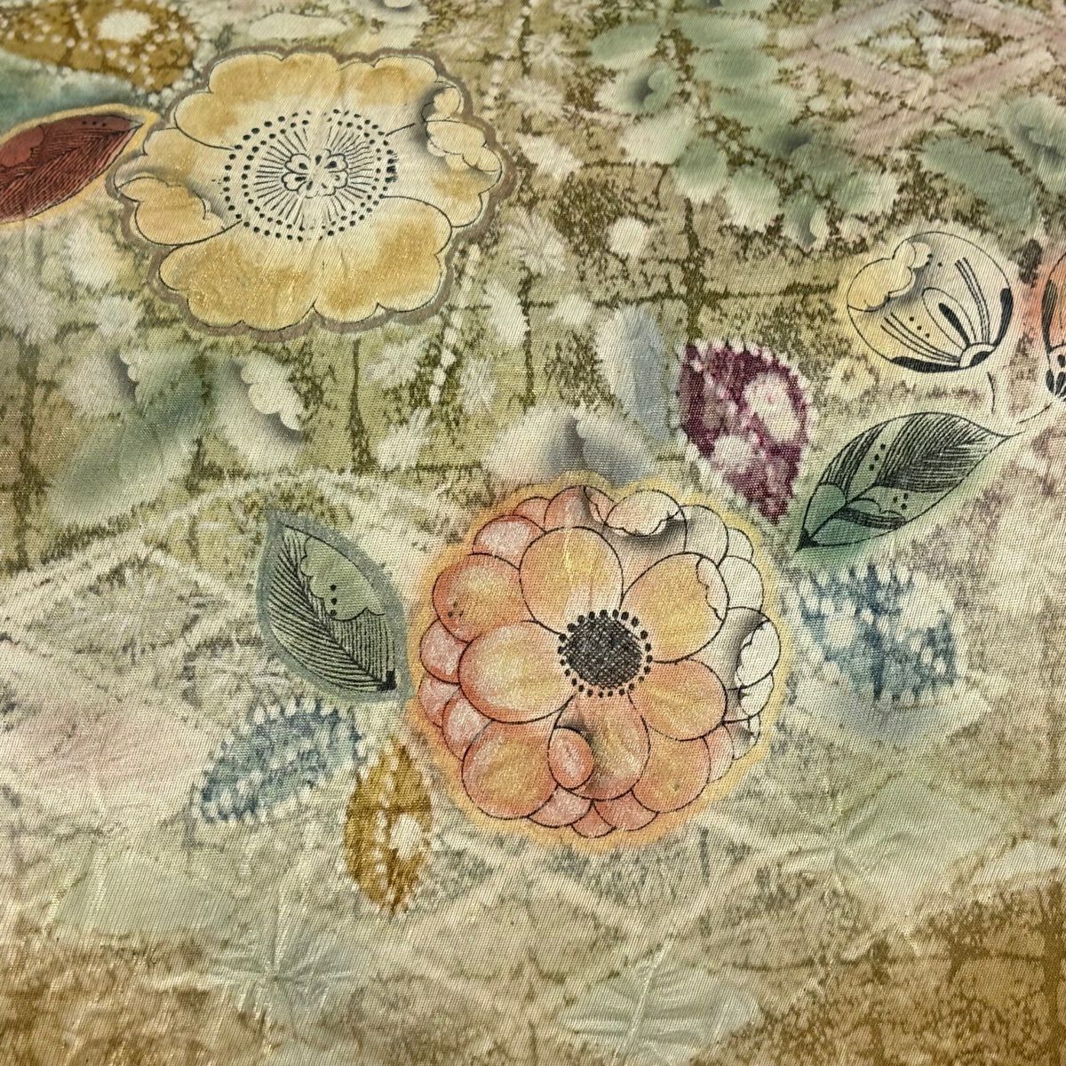 【美品】 袋帶 名品級 草花紋紋 菱形 金金箔 絞染 金色 大鼓圖案 純蠶絲
