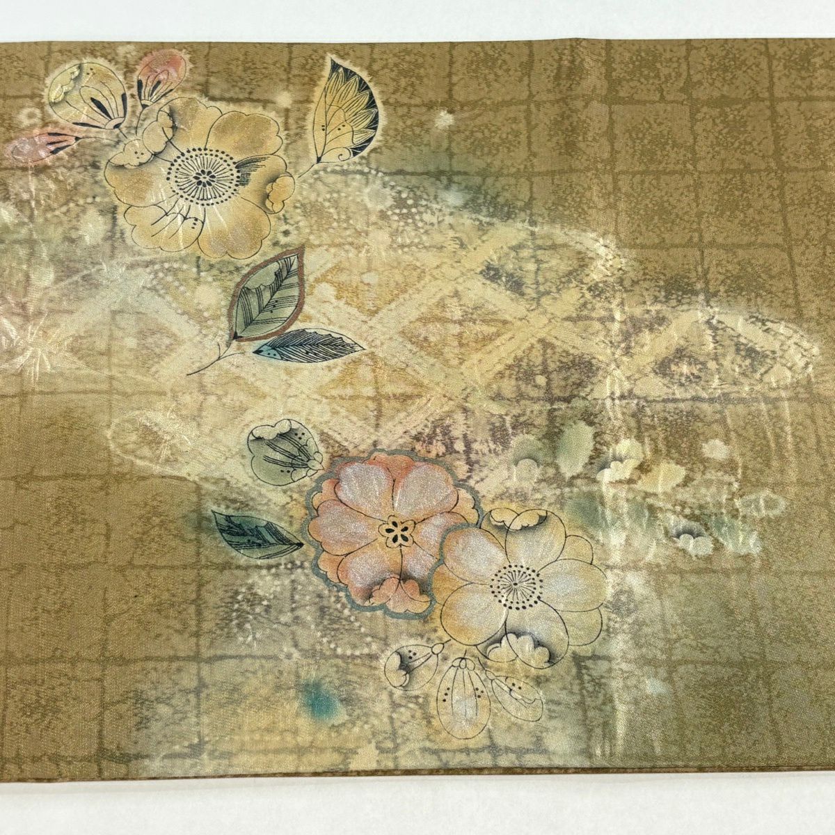 【美品】 袋帶 名品級 草花紋紋 菱形 金金箔 絞染 金色 大鼓圖案 純蠶絲