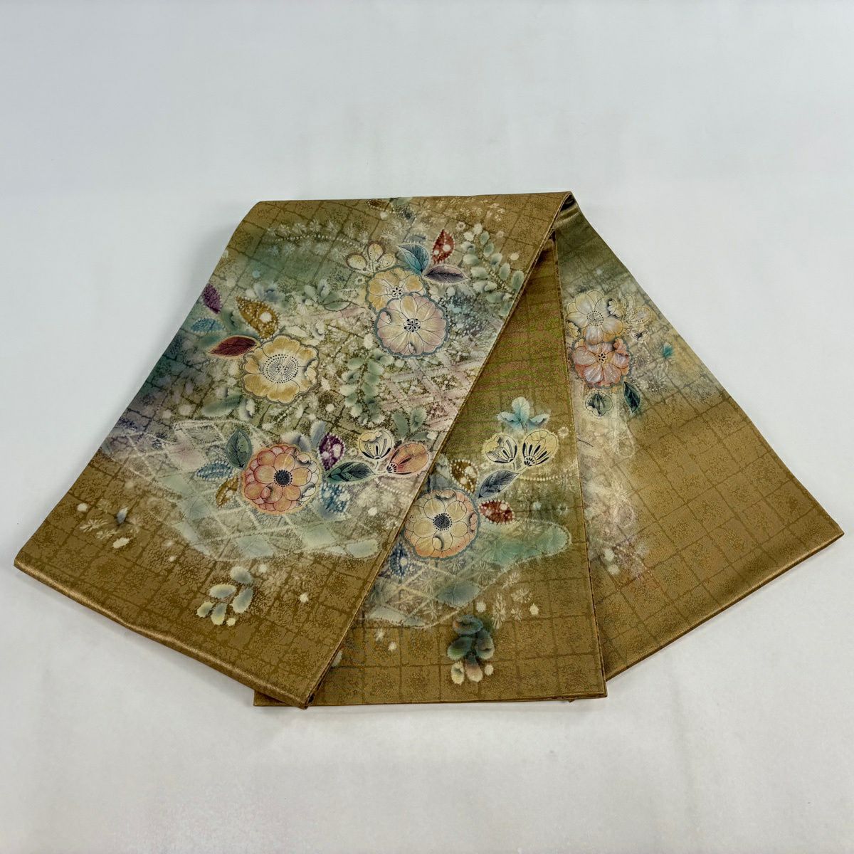 【美品】 袋帶 名品級 草花紋紋 菱形 金金箔 絞染 金色 大鼓圖案 純蠶絲