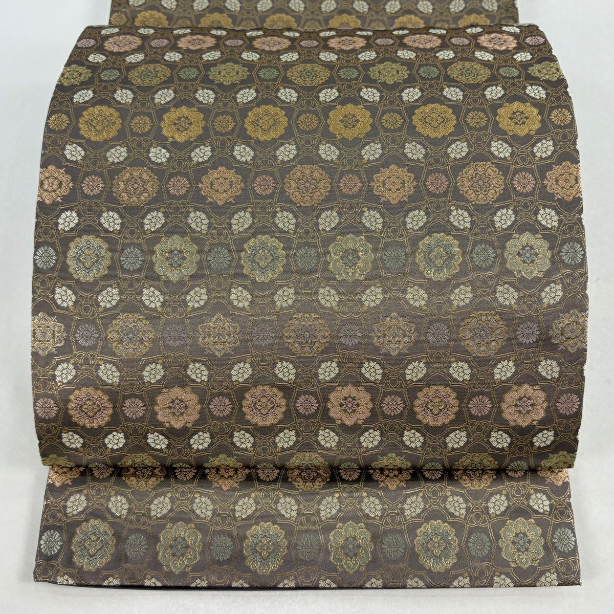 【美品】 袋帶 名品級 金金箔屋清兵衛 落款 西陣織 華紋 花 金金箔 灰茶 六通 純蠶絲