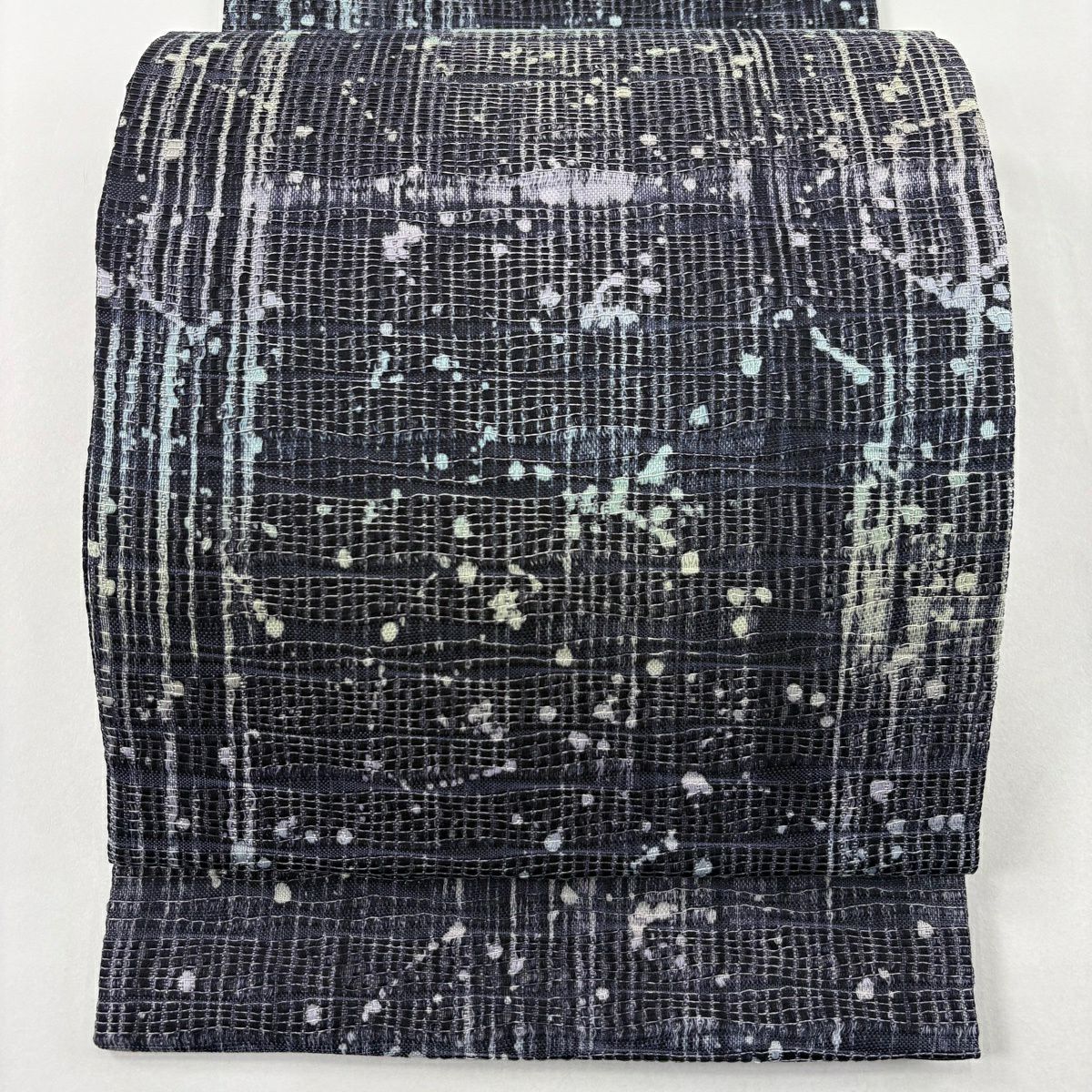 【美品】 袋帶 名品級 夏帶 條紋 幾何圖案 銀線 深藍 全通 純蠶絲