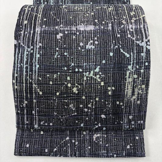 【美品】 袋帶 名品級 夏帶 條紋 幾何圖案 銀線 深藍 全通 純蠶絲