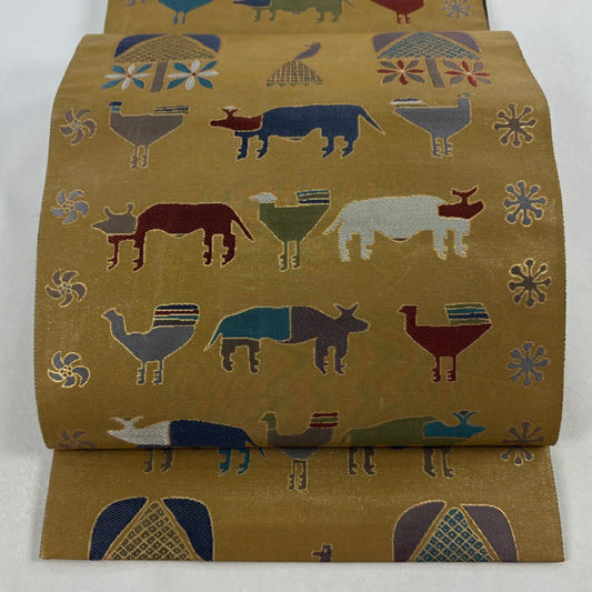 【美品】 袋帶 名品級 動物 花 金金箔 黃土 六通 純蠶絲