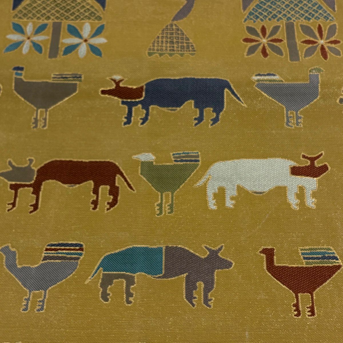 【美品】 袋帶 名品級 動物 花 金金箔 黃土 六通 純蠶絲