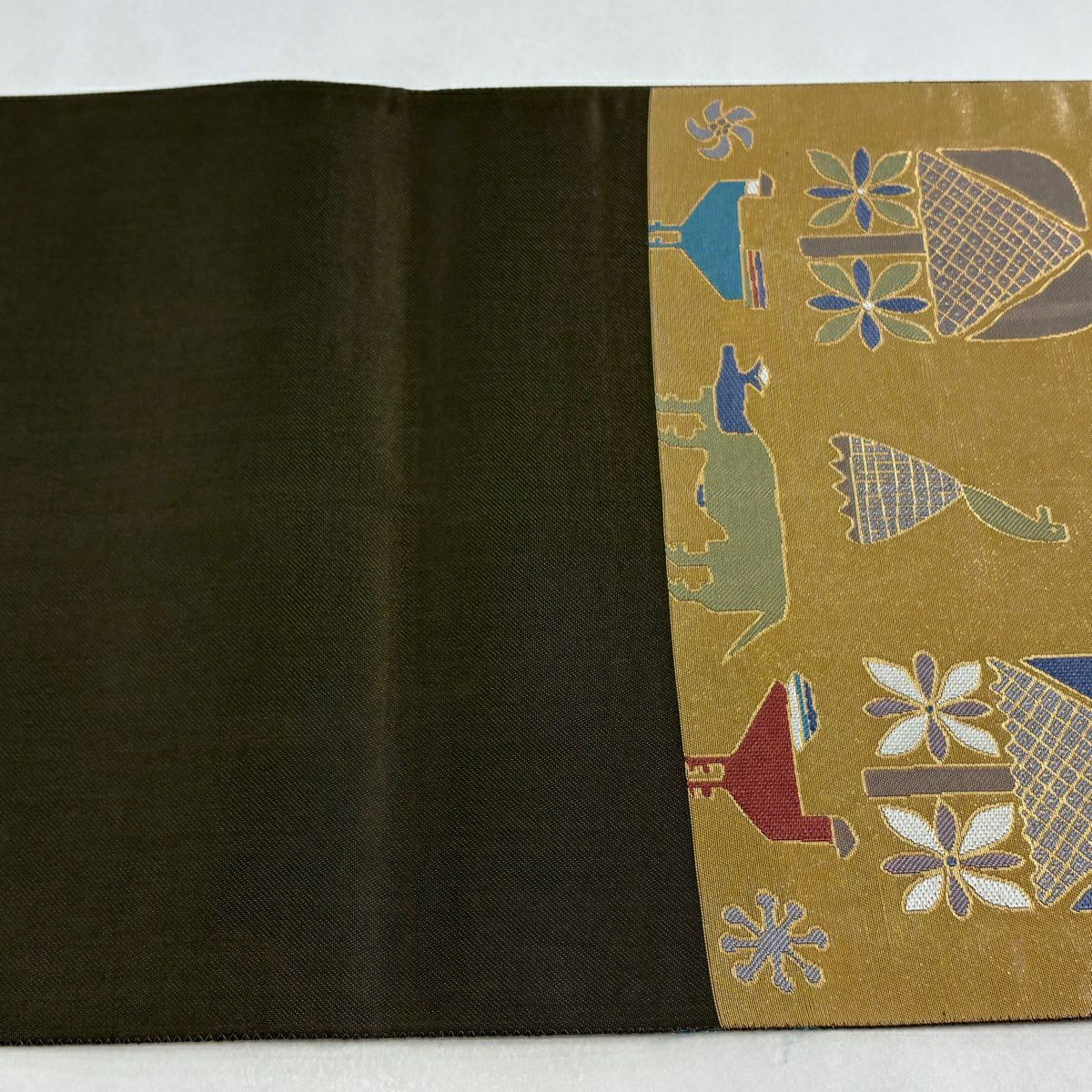 【美品】 袋帶 名品級 動物 花 金金箔 黃土 六通 純蠶絲