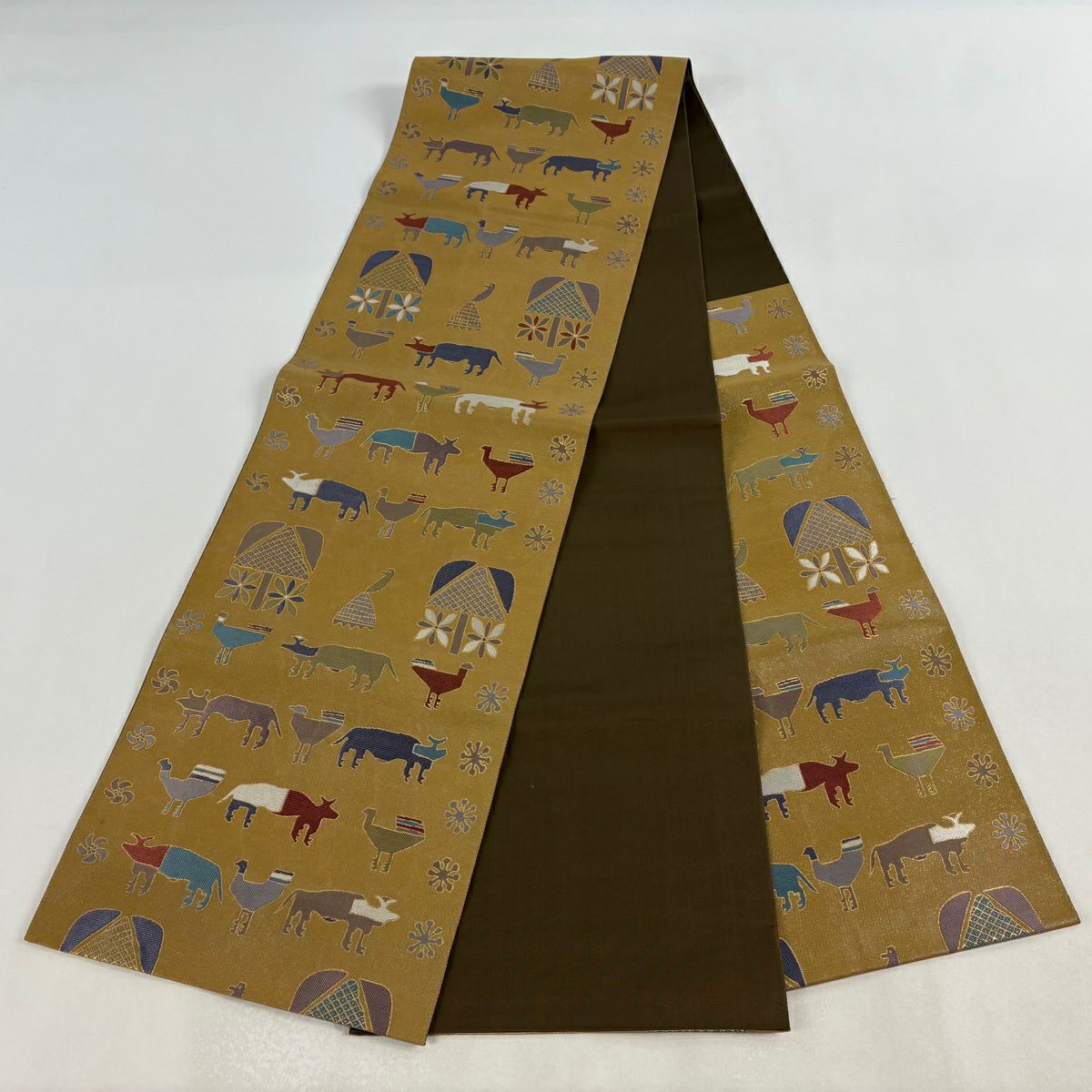 【美品】 袋帶 名品級 動物 花 金金箔 黃土 六通 純蠶絲