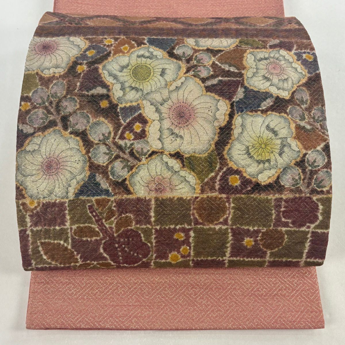 【美品】 袋帶 名品級 辻花染圖案 菱 金絲 金金箔 茶紫 お太鼓圖案 純蠶絲