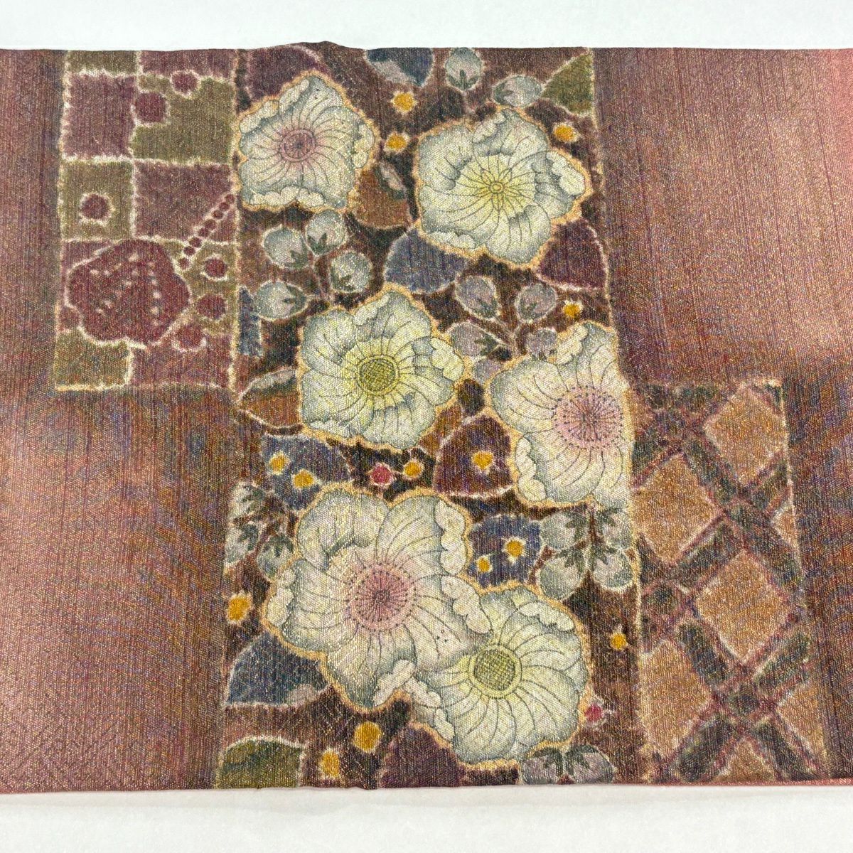 【美品】 袋帶 名品級 辻花染圖案 菱 金絲 金金箔 茶紫 お太鼓圖案 純蠶絲