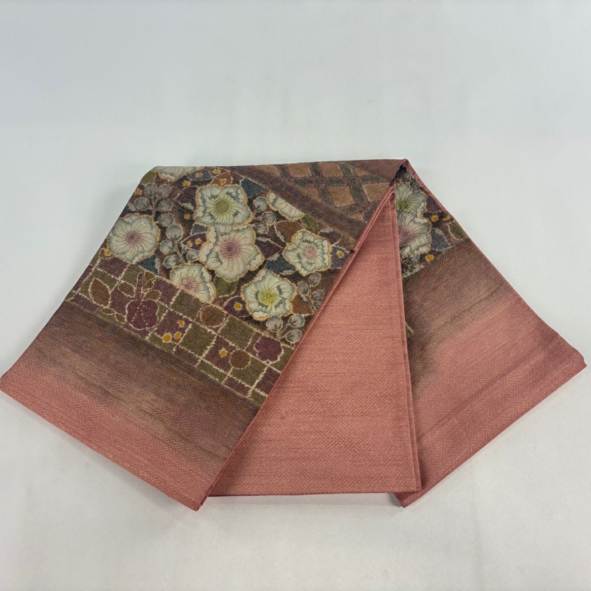 【美品】 袋帶 名品級 辻花染圖案 菱 金絲 金金箔 茶紫 お太鼓圖案 純蠶絲