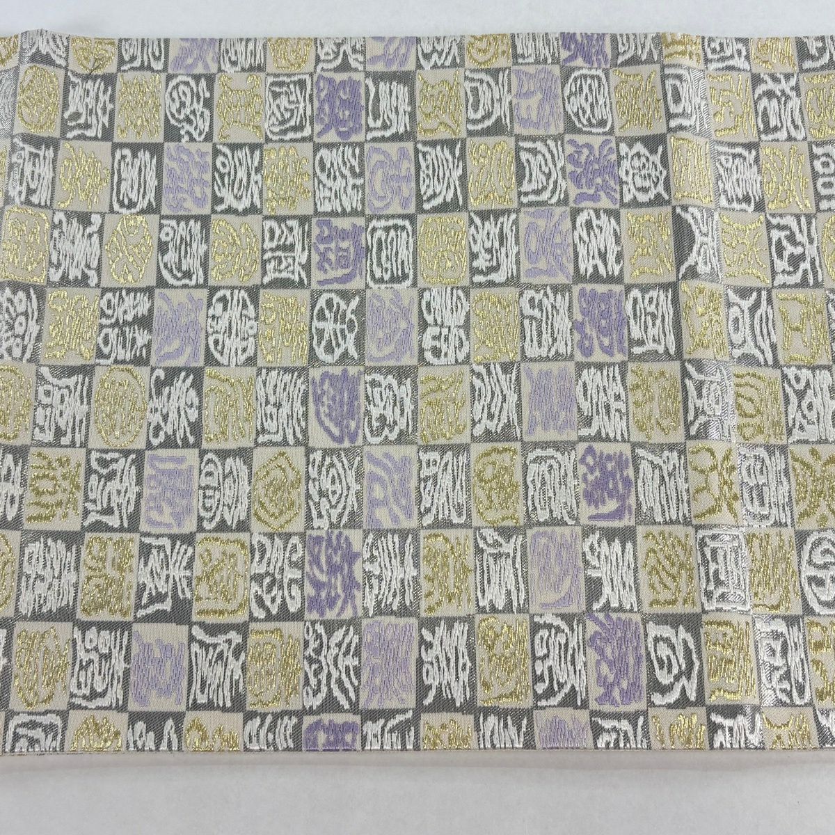 【美品】 袋帶 名品級 貝紫弐阡壽文 市松樹 金絲 鈀金金箔 銀色 大鼓圖案 純蠶絲