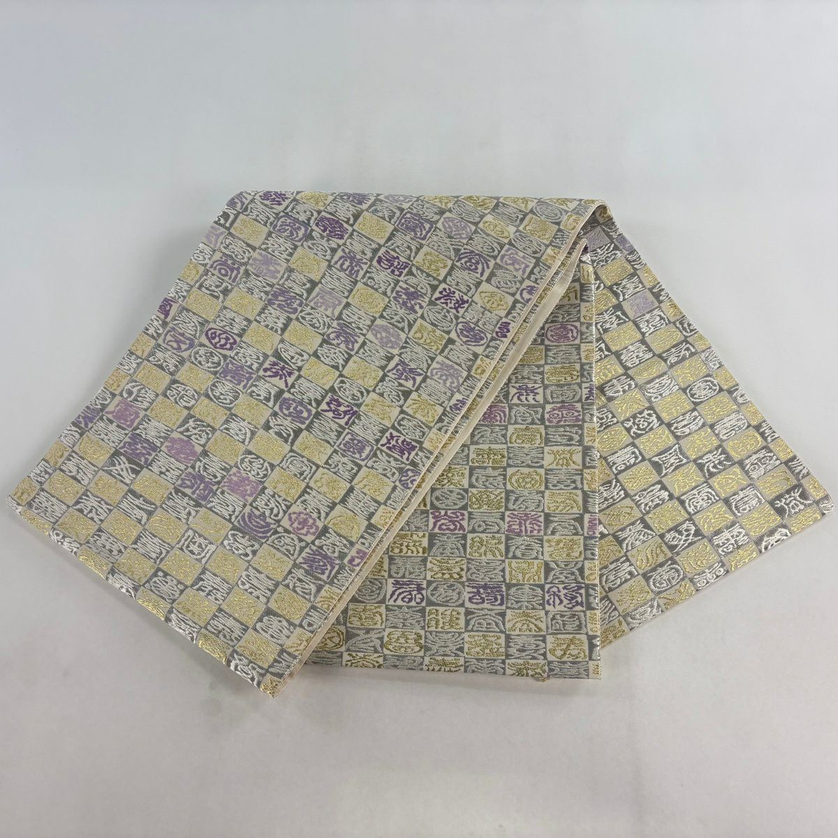【美品】 袋帶 名品級 貝紫弐阡壽文 市松樹 金絲 鈀金金箔 銀色 大鼓圖案 純蠶絲
