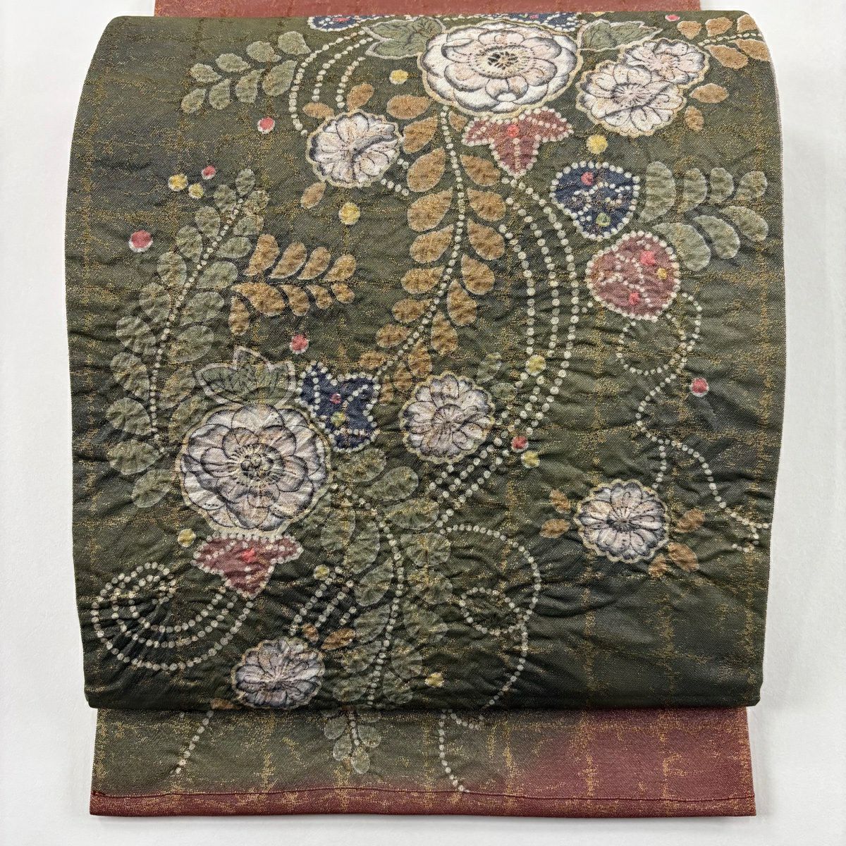 【美品】 袋帶 名品級 關西仕立 辻花染 幾何圖案 金金箔 銀線 茶綠 お太鼓圖案 純蠶絲