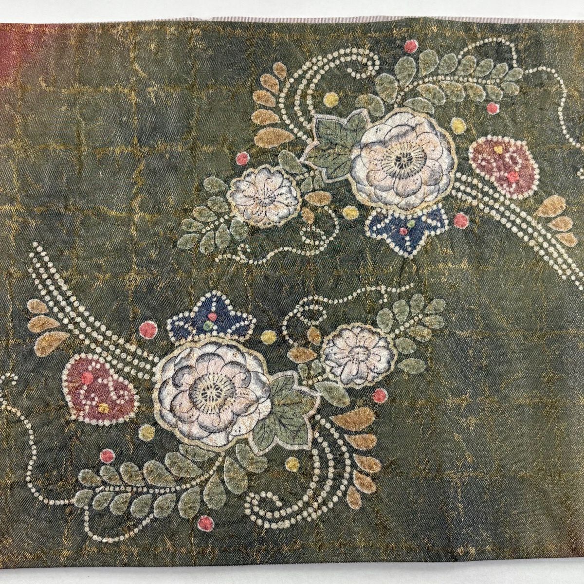 【美品】 袋帶 名品級 關西仕立 辻花染 幾何圖案 金金箔 銀線 茶綠 お太鼓圖案 純蠶絲