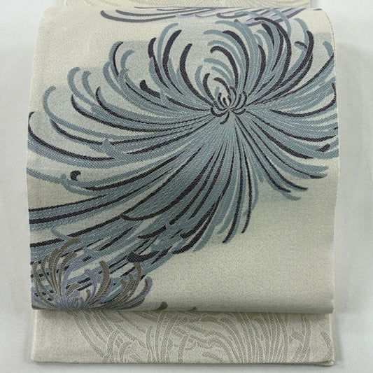 【美品】 袋帶 名品級 亂菊花 青海波 銀線 灰白 お太鼓圖案 純蠶絲
