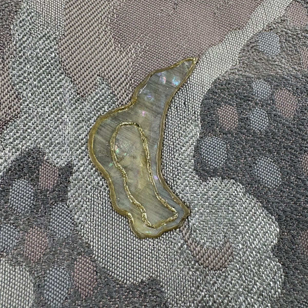 袋帶 名品級 鈴乃屋 波頭 幾何學圖案 螺鈿 金金箔 灰 純蠶絲