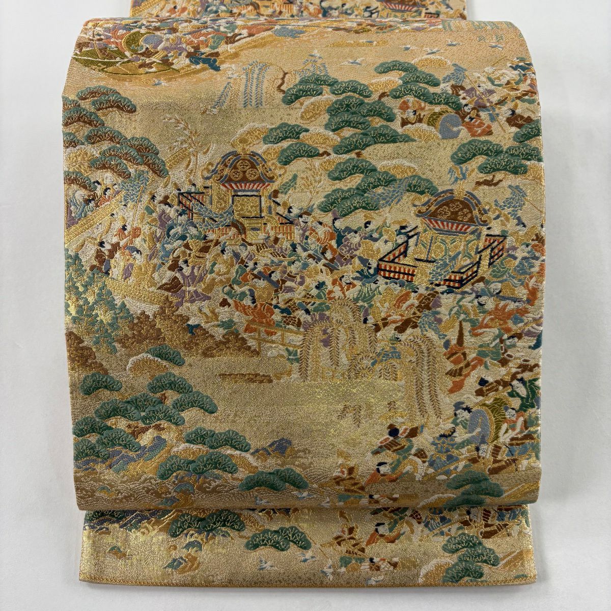 【美品】 袋帶 名品級 落款あり 日吉山王祭 金絲 金金箔 金色 六通 純蠶絲