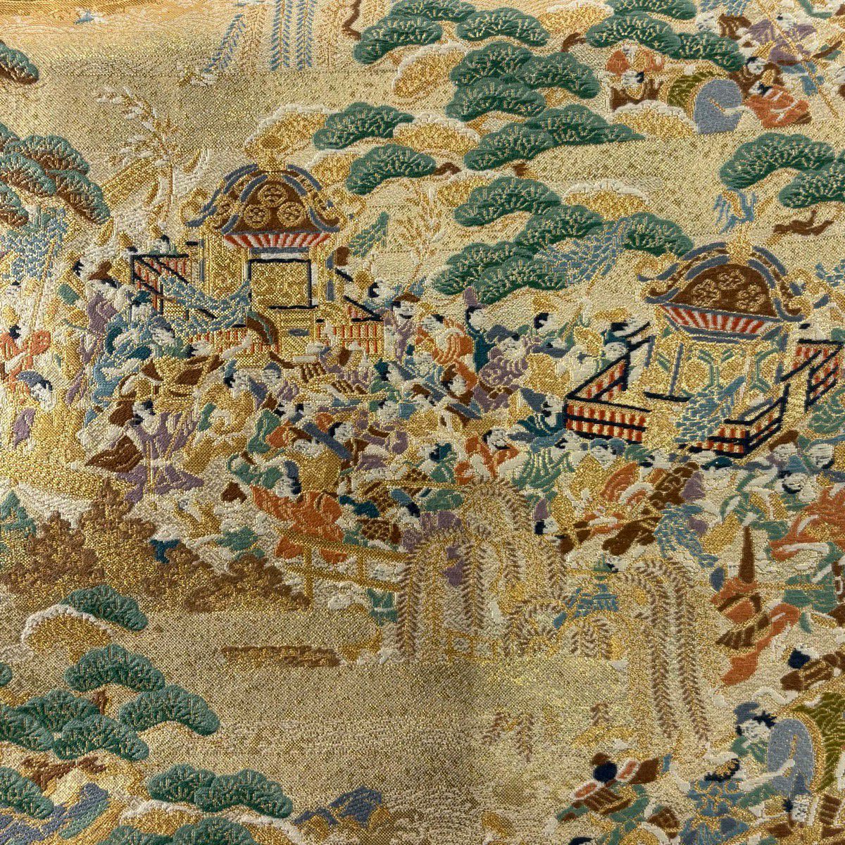 【美品】 袋帶 名品級 落款あり 日吉山王祭 金絲 金金箔 金色 六通 純蠶絲