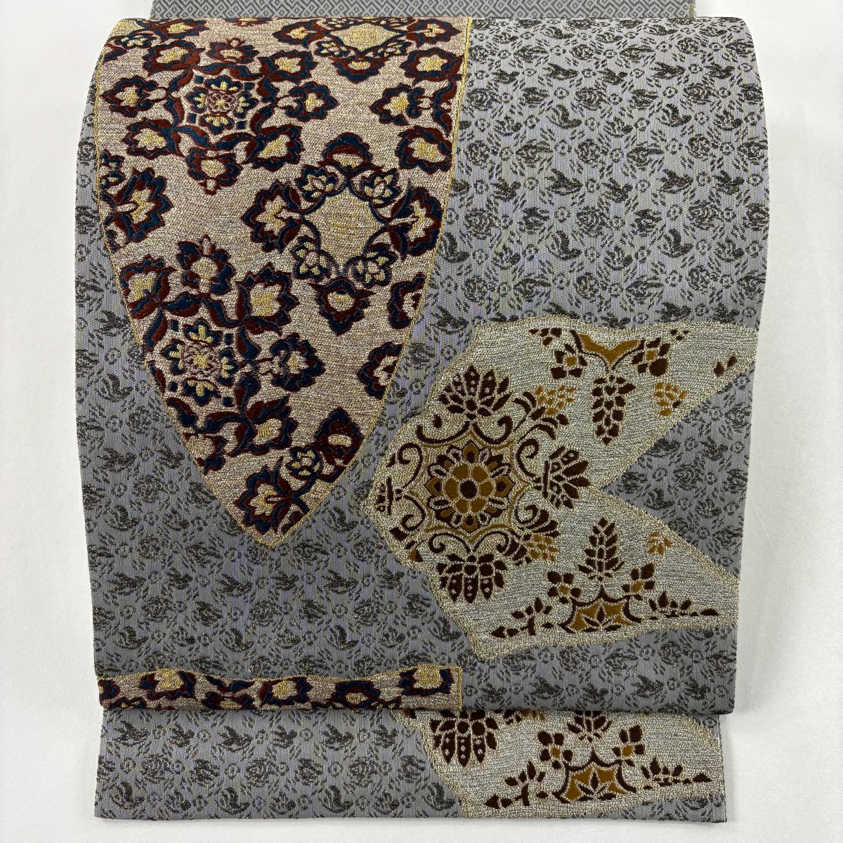 【美品】 袋帶 名品級 華紋 鳥 金金箔 灰 深藍 六通 純蠶絲