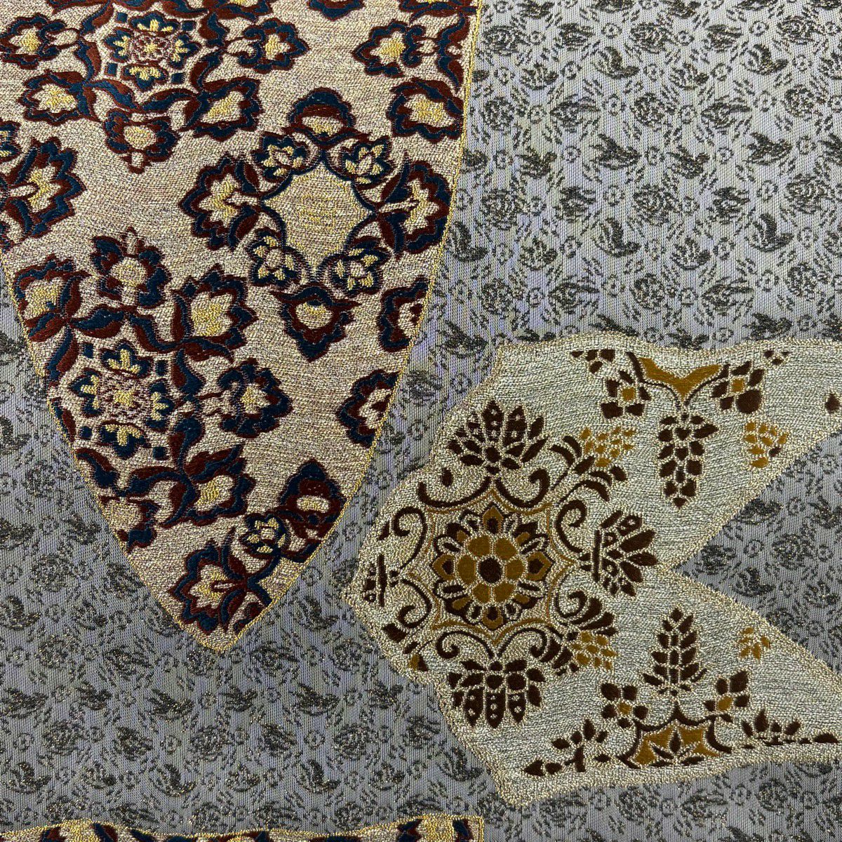 【美品】 袋帶 名品級 華紋 鳥 金金箔 灰 深藍 六通 純蠶絲