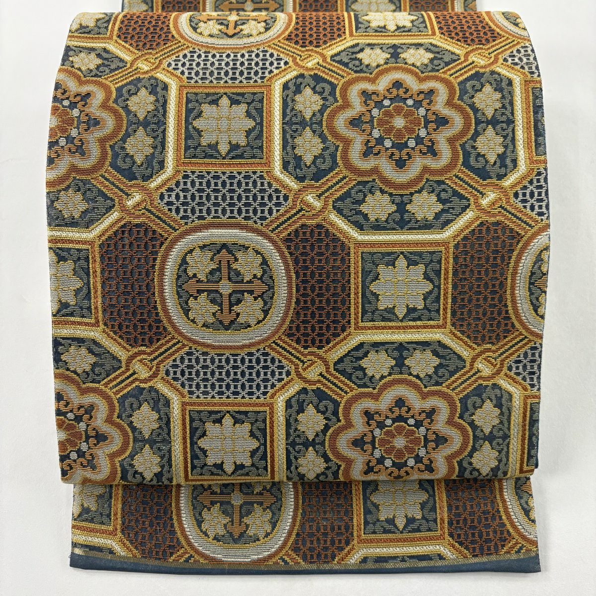 【美品】 袋帶 名品級 蜀江錦 蜀江華紋 七寶 金金箔 青灰 深藍色 六通 純蠶絲