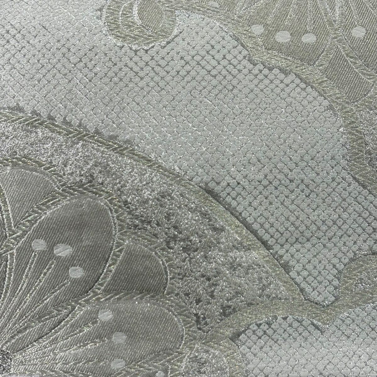 【美品】 袋帶 名品級 雪輪 花 銀絲 金金箔 銀 六通 純蠶絲