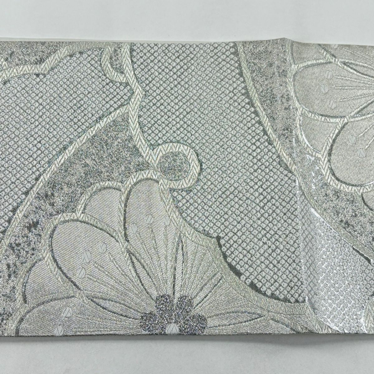 【美品】 袋帶 名品級 雪輪 花 銀絲 金金箔 銀 六通 純蠶絲