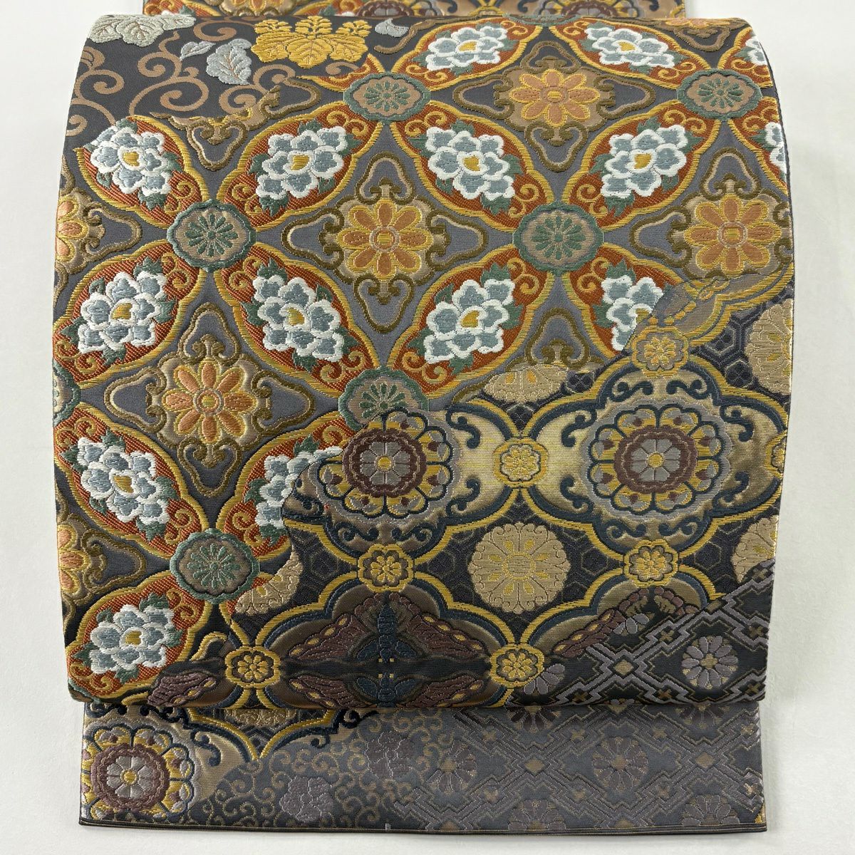 【美品】 袋帶 名品級 證書齊全 關西仕立 七寶 華紋 金絲 金金箔 灰紫 六通 純蠶絲