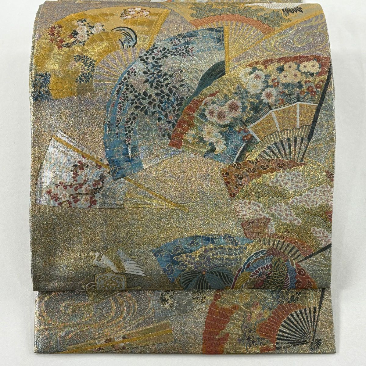 【美品】 袋帶 名品級 落款あり 徳川美術館秘藏 花扇子 仙鶴 金絲 金金箔 金色 大鼓圖案 純蠶絲