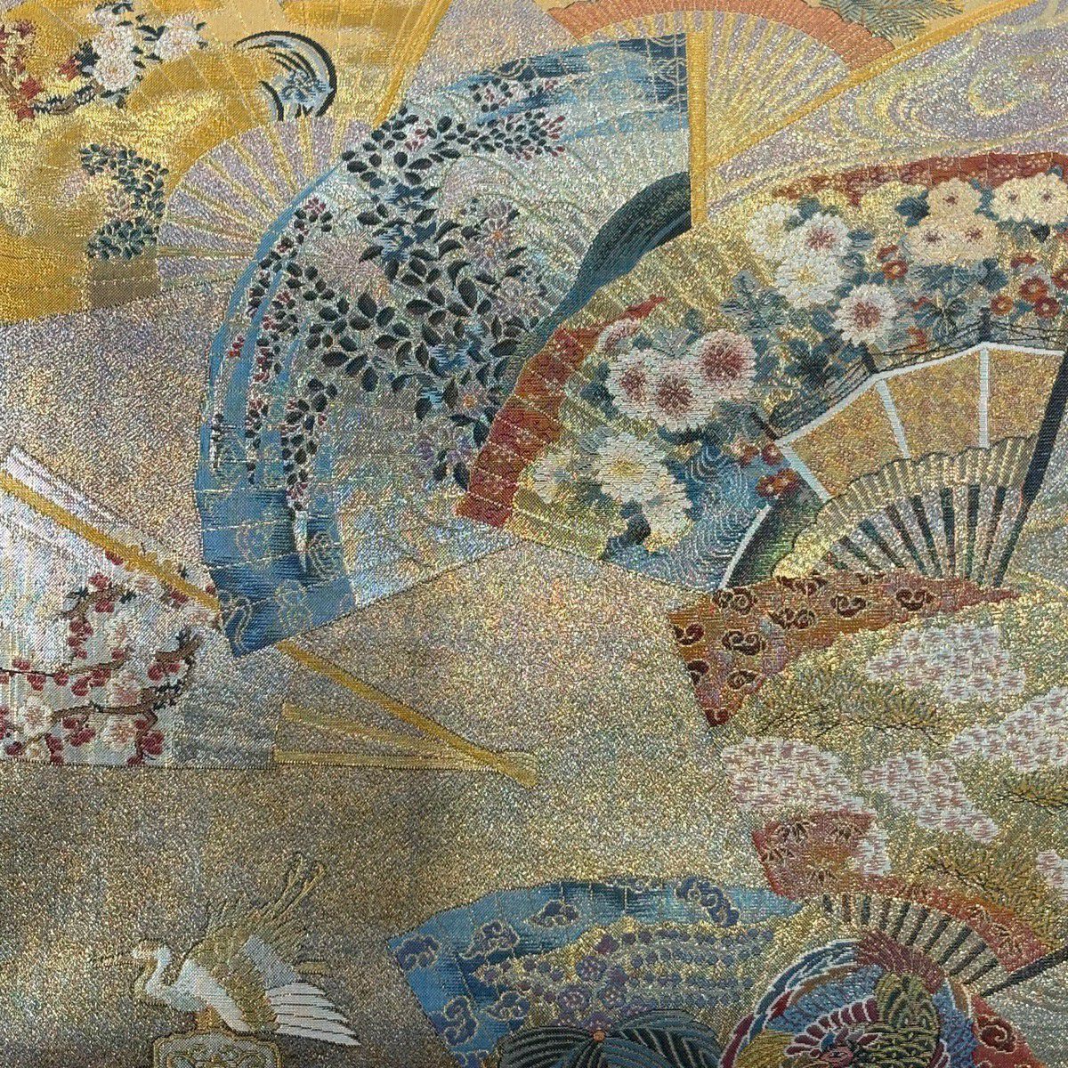 【美品】 袋帶 名品級 落款あり 徳川美術館秘藏 花扇子 仙鶴 金絲 金金箔 金色 大鼓圖案 純蠶絲