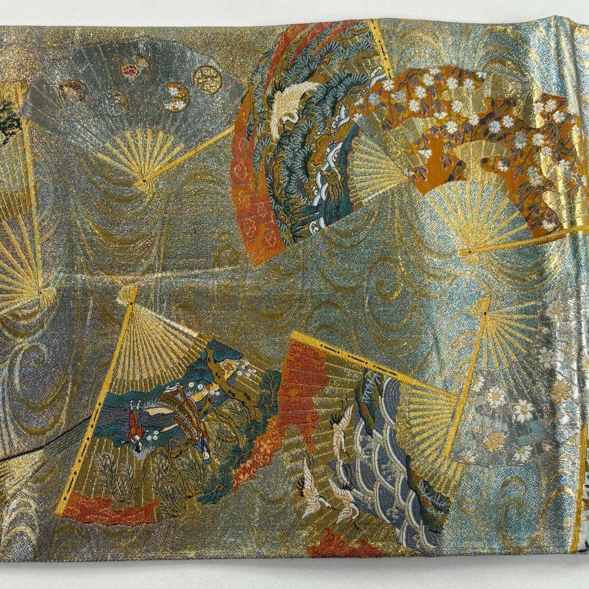 【美品】 袋帶 名品級 落款あり 徳川美術館秘藏 花扇子 仙鶴 金絲 金金箔 金色 大鼓圖案 純蠶絲