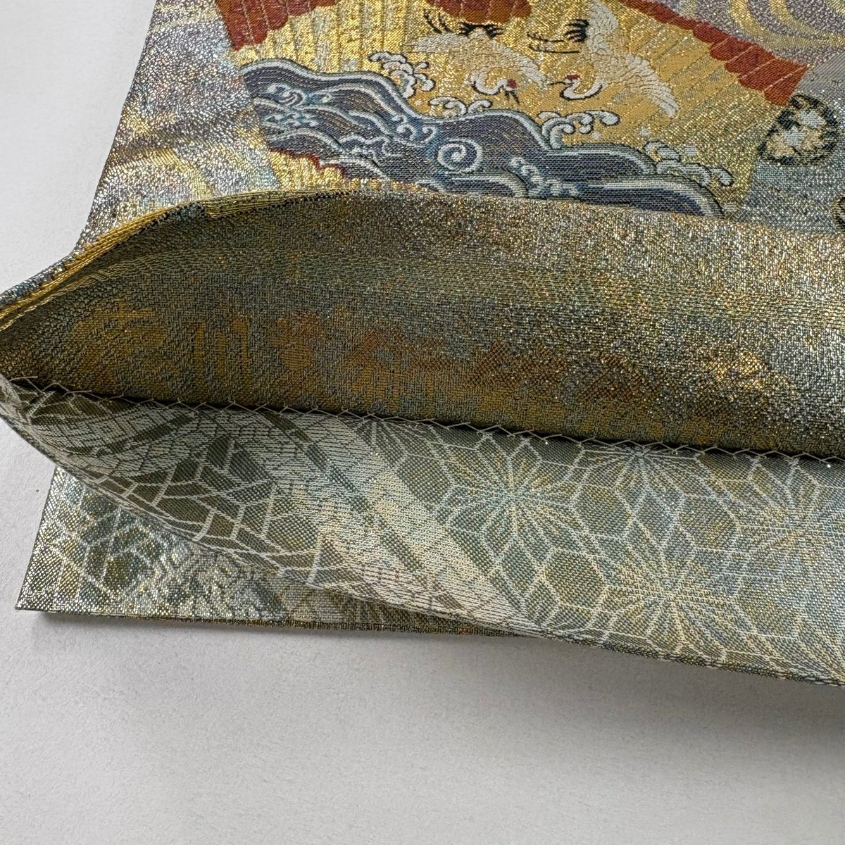 【美品】 袋帶 名品級 落款あり 徳川美術館秘藏 花扇子 仙鶴 金絲 金金箔 金色 大鼓圖案 純蠶絲