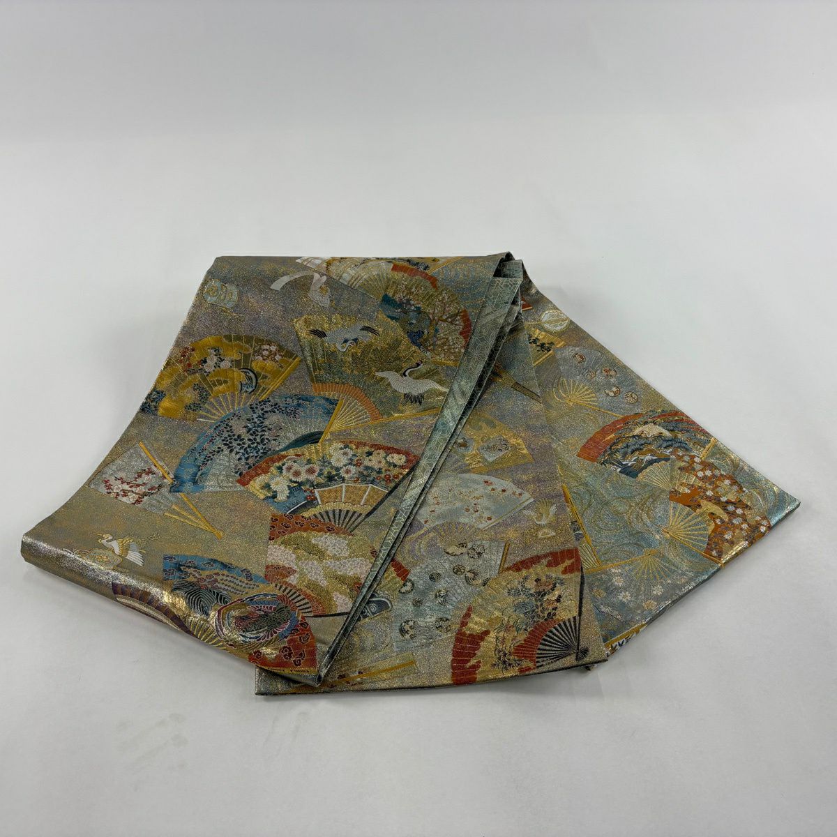 【美品】 袋帶 名品級 落款あり 徳川美術館秘藏 花扇子 仙鶴 金絲 金金箔 金色 大鼓圖案 純蠶絲