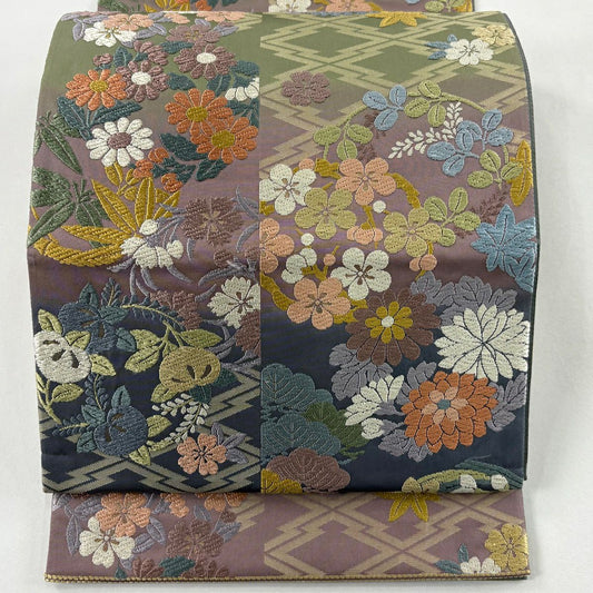 袋帶 名品級 花丸紋 松樹皮菱 唐織 金金箔 淺紫 六通 純蠶絲