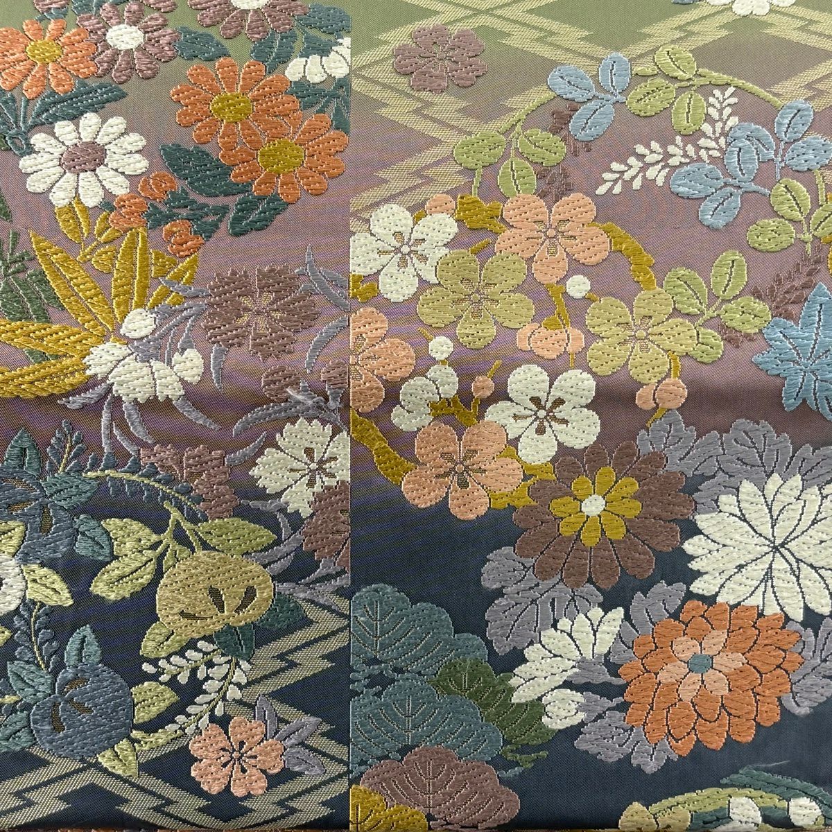 袋帶 名品級 花丸紋 松樹皮菱 唐織 金金箔 淺紫 六通 純蠶絲