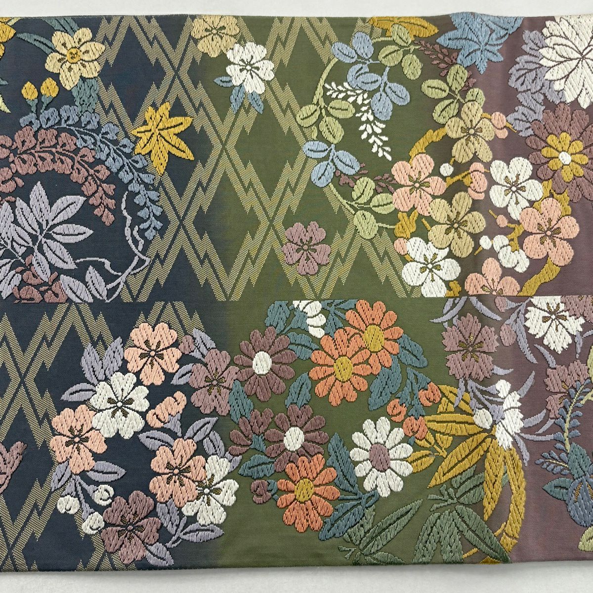 袋帶 名品級 花丸紋 松樹皮菱 唐織 金金箔 淺紫 六通 純蠶絲