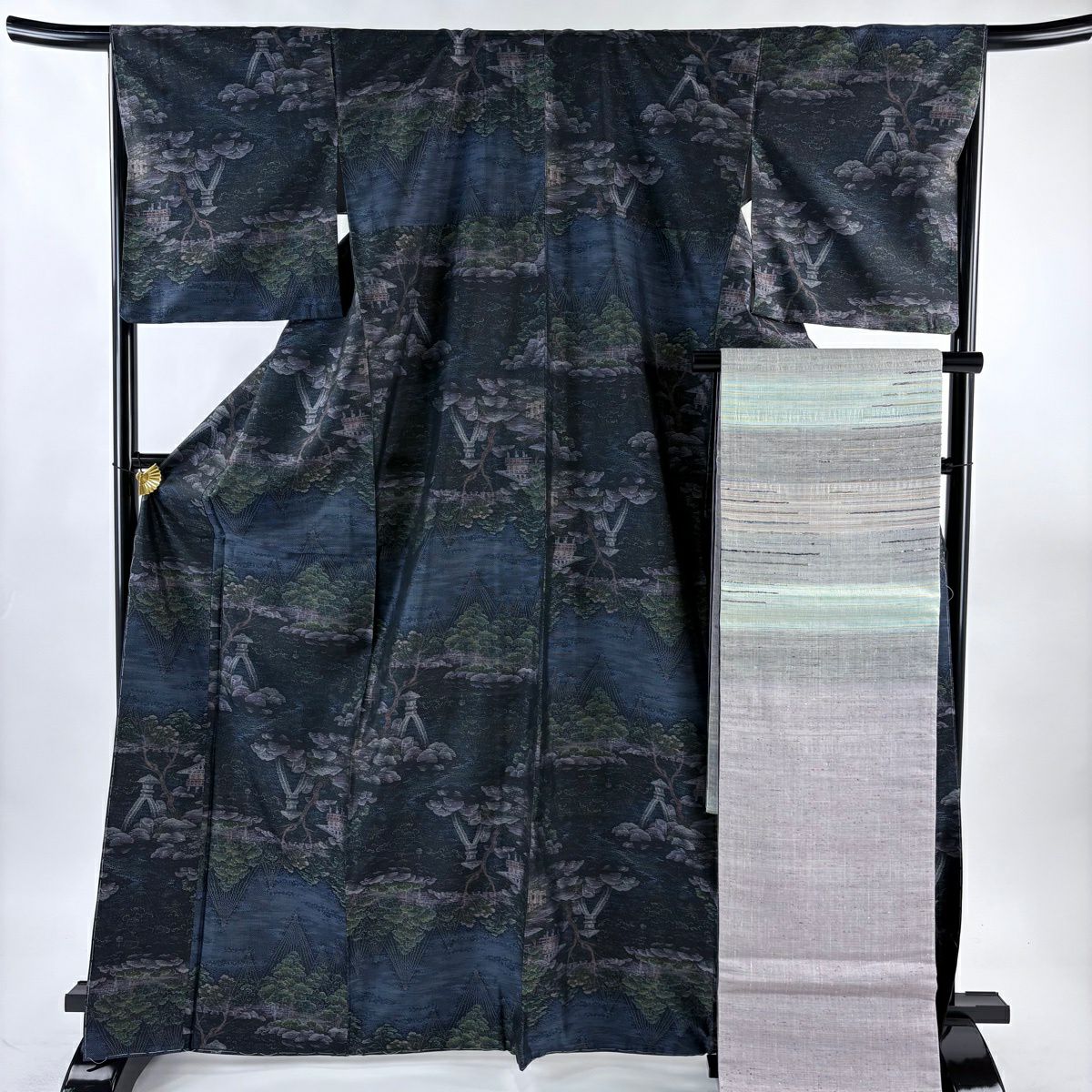 【美品】 紬織 身長169cm 袖長67cm M 雙層 袋帶套裝 庭園 深藍 純蠶絲 名品級