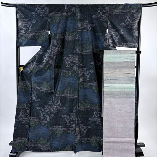 【美品】 紬織 身長169cm 袖長67cm M 雙層 袋帶套裝 庭園 深藍 純蠶絲 名品級