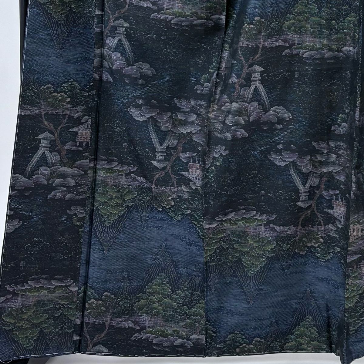 【美品】 紬織 身長169cm 袖長67cm M 雙層 袋帶套裝 庭園 深藍 純蠶絲 名品級
