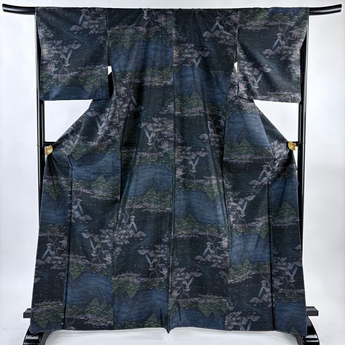 【美品】 紬織 身長169cm 袖長67cm M 雙層 袋帶套裝 庭園 深藍 純蠶絲 名品級
