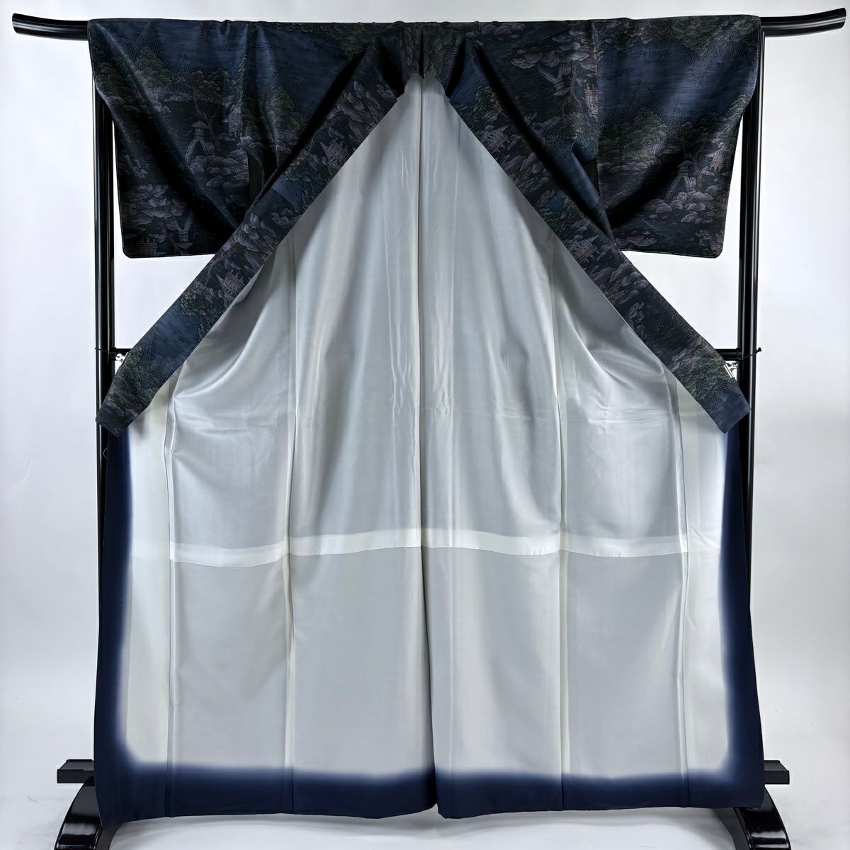 【美品】 紬織 身長169cm 袖長67cm M 雙層 袋帶套裝 庭園 深藍 純蠶絲 名品級