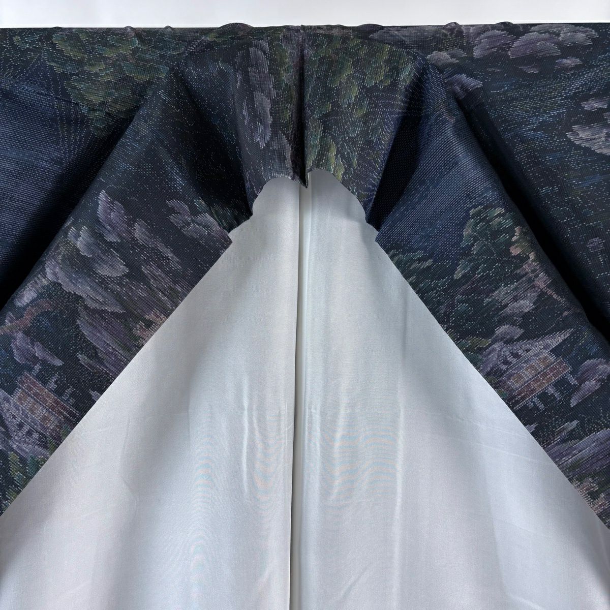 【美品】 紬織 身長169cm 袖長67cm M 雙層 袋帶套裝 庭園 深藍 純蠶絲 名品級