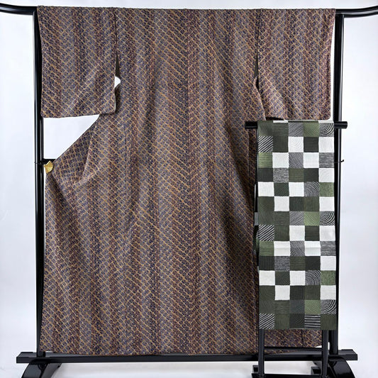 【美品】 小紋 身長159cm 袖長63.5cm S 雙層 名古屋帶套裝 紬織織 直條紋 幾何圖案 絞染 茶 純蠶絲 優品級