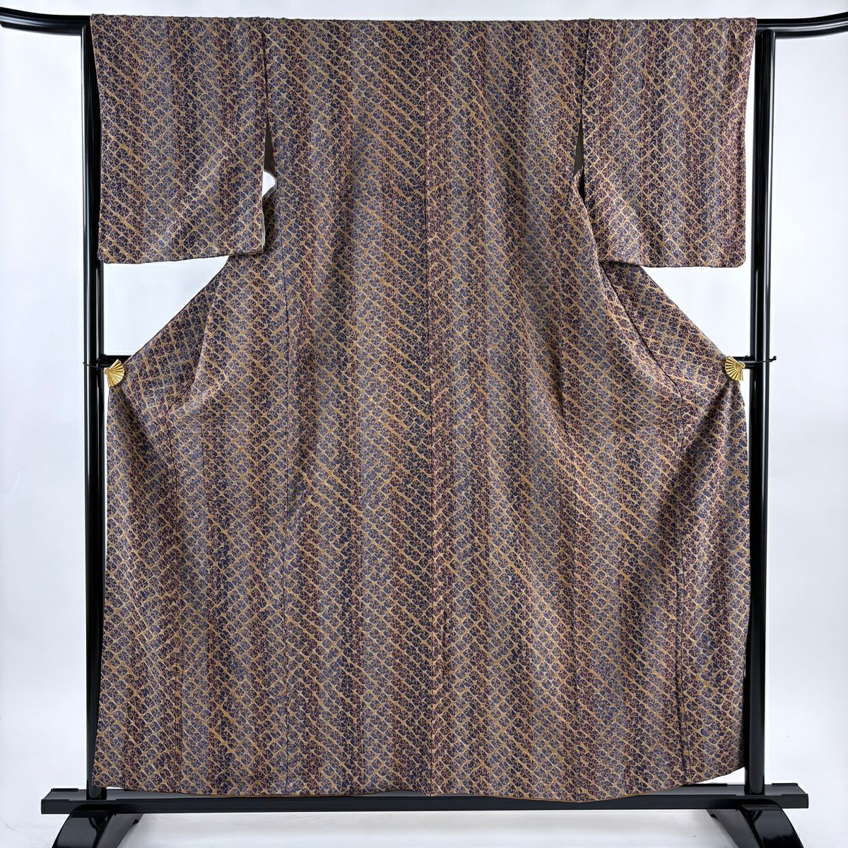 【美品】 小紋 身長159cm 袖長63.5cm S 雙層 名古屋帶套裝 紬織織 直條紋 幾何圖案 絞染 茶 純蠶絲 優品級