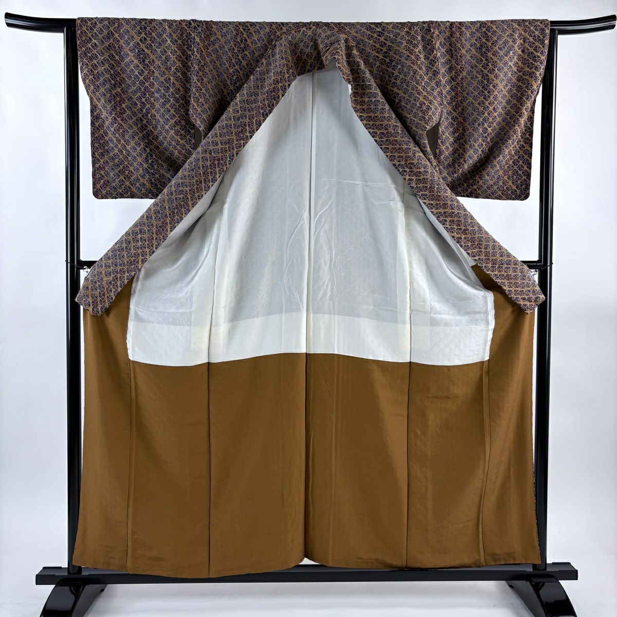 【美品】 小紋 身長159cm 袖長63.5cm S 雙層 名古屋帶套裝 紬織織 直條紋 幾何圖案 絞染 茶 純蠶絲 優品級