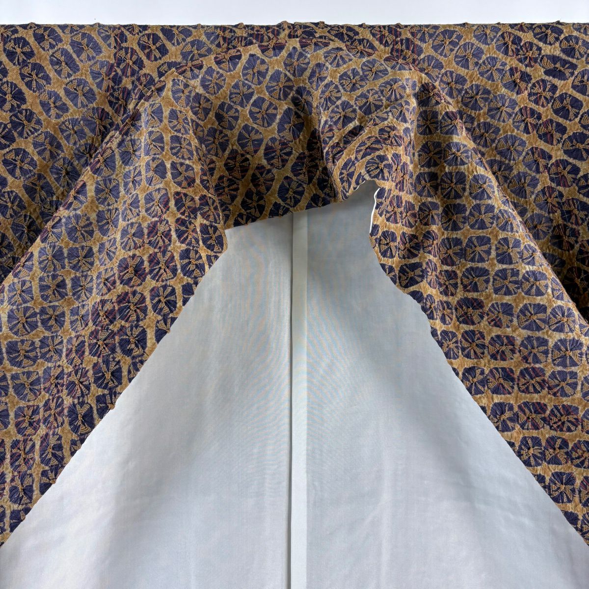 【美品】 小紋 身長159cm 袖長63.5cm S 雙層 名古屋帶套裝 紬織織 直條紋 幾何圖案 絞染 茶 純蠶絲 優品級