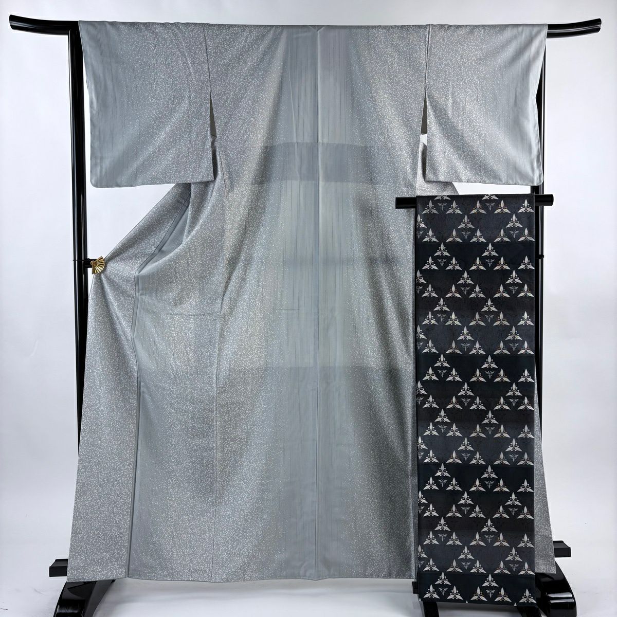 【美品】 小紋 身長166cm 袖長65cm M 雙層 袋帶套裝 紬織織 幾何圖案 灰色 純蠶絲 秀品級