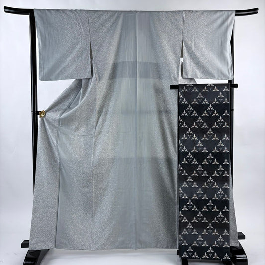 【美品】 小紋 身長166cm 袖長65cm M 雙層 袋帶套裝 紬織織 幾何圖案 灰色 純蠶絲 秀品級